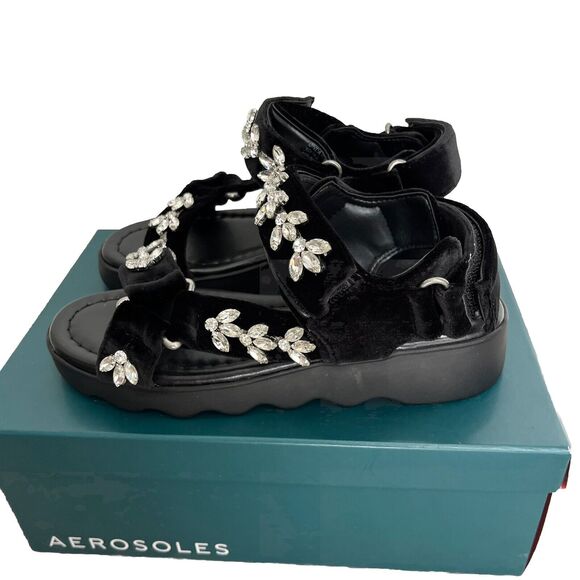 Aerosoles | Onda Black Velvet Crystals Chunky Sandals Size 5.5 NIB - Picture 2 of 7